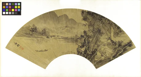 Landschaft mit See, Brücke und Fischer